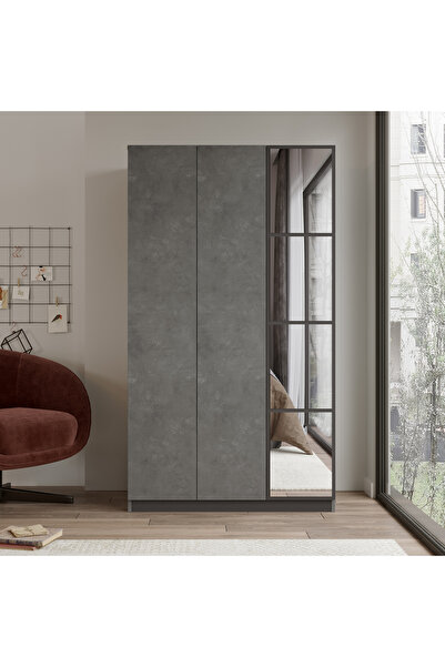 Yurupa Teeny 3 Kapaklı Çekmeceli Aynalı Gardırop Elbise Dolabı Beton TEE1-RG