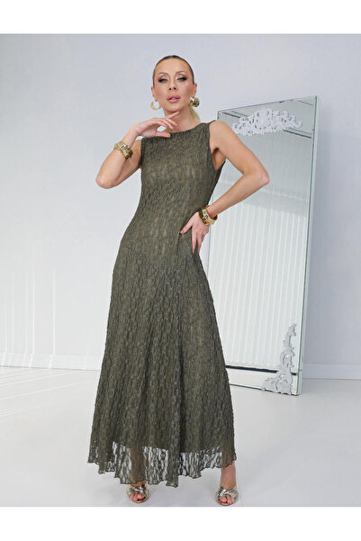 QİMYA BUTİK BUKETLİ Γυναικείο Φόρεμα με Λαιμόκοψη Ο, Αμάνικο, Μάξι Μήκος, Μεγ...