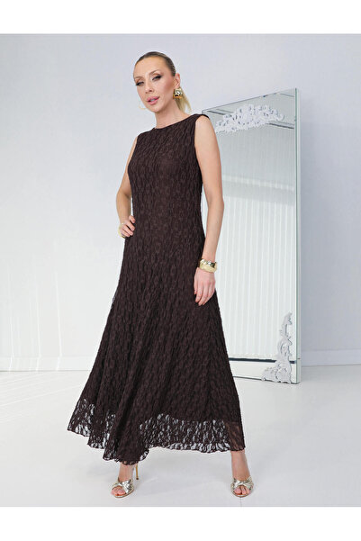 QİMYA BUTİK BUKETLİ Γυναικείο Φόρεμα με Λαιμόκοψη Ο, Αμάνικο, Μάξι Μήκος, Μεγ...