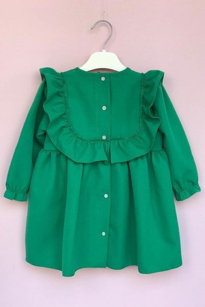Bertuğ Bebek Green Crepe Girl's Baby Dress with Ruffle and Ribbon Detail