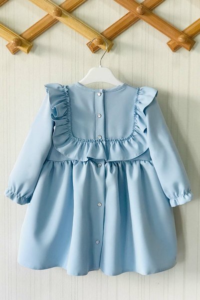 Bertuğ Bebek Ruffle And Ribbon Detailed Design Baby Blue Girl's Baby Dress
