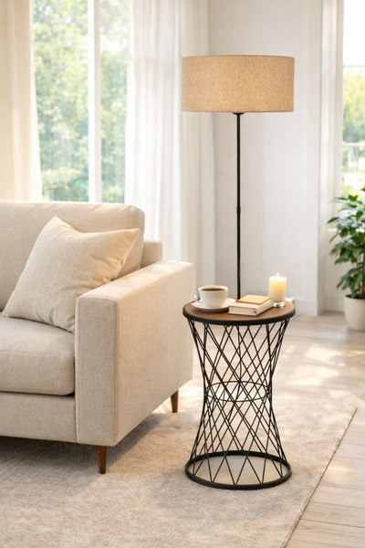 ANGDESİGN Nisa Luce SEHPALI Metal Lambader -Siyah Metal gövde/ Krem kumaş baş...