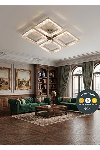 Lzy Avize Store Helios Kumandalı Kristal Kare 4’lü Krom LED Avize 3 Renk | Sa...