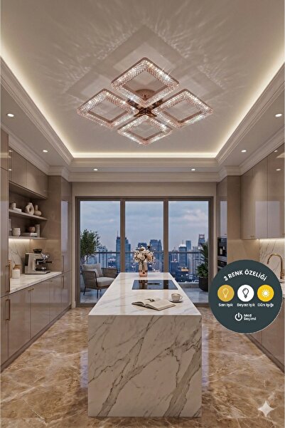 Lzy Avize Store 3 Renk Kristal Kare 4’lü Gold Kumandalı Avize Salon, Yemek Ma...