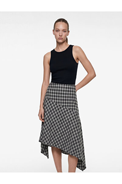 Koton Βαμβακερή Ασύμμετρη Καρό Μίντι Φούστα