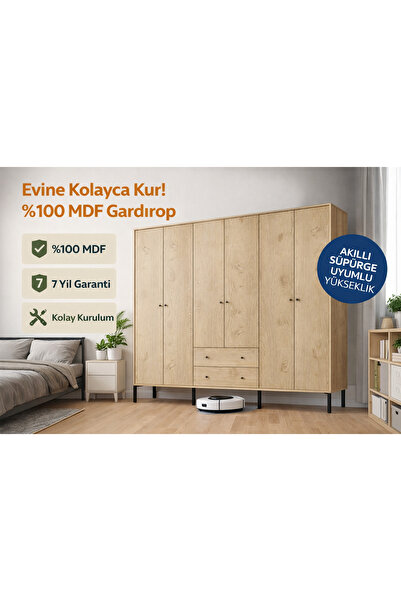 VENATTO Focus 6 Kapılı,2 Çekmeceli,10 Raf Bölmeli Gardırop/ Dolap R: Meşe (%1...
