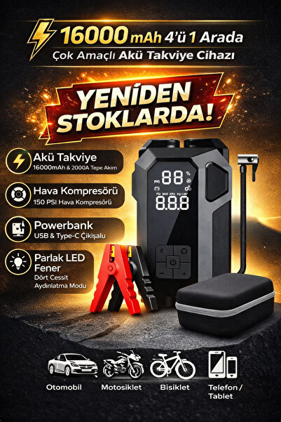 Merwish Araç Akü Takviye Cihazı 16000 mAh Hava Pompası Kompresör Powerbank LE...