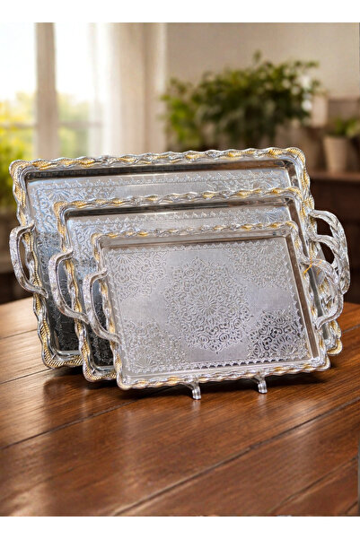 ALQANNAS 3 Pieces Serving Tray Set | Wide Sizes | Modern Design | Silver with...