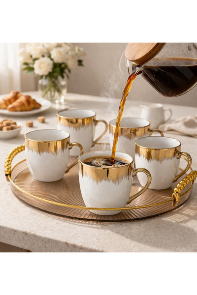 Nu Set cani cafea 6 bucati, ceramica alb cu auriu, design elegant, finisaj lucios