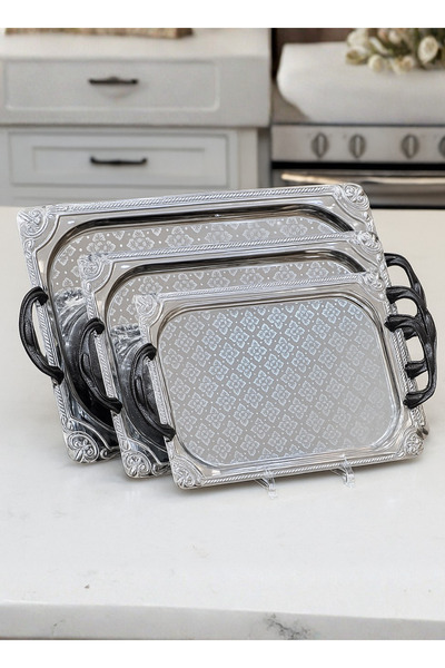 ALQANNAS 3-piece silver engraved tray set with shiny black handles