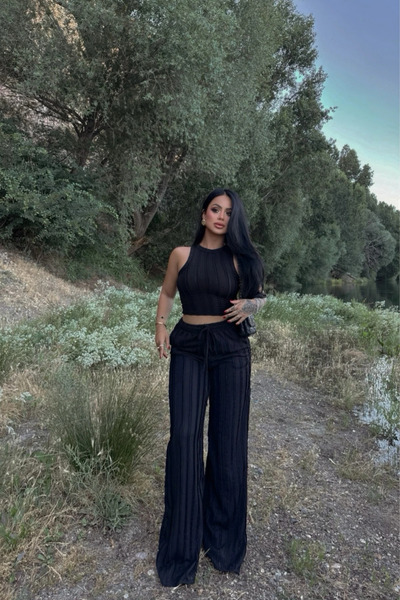 Siner Fashion Γυναικεία μαύρη μπλούζα με μηδενικά μανίκια, φαρδύ παντελόνι κα...