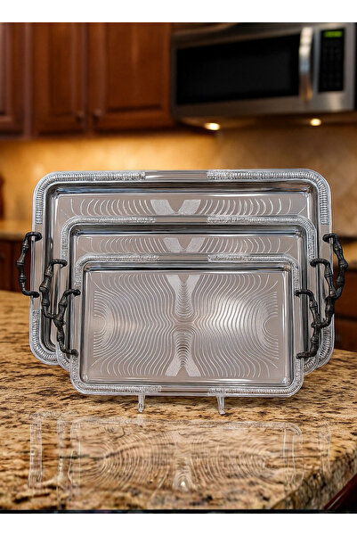 ALQANNAS 3-piece silver engraved tray set with shiny black handles