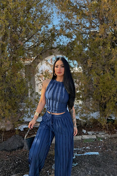 Siner Fashion Γυναικείο σετ μπλούζας σε μπλε ναυτικό χρώμα με μηδενικά μανίκι...