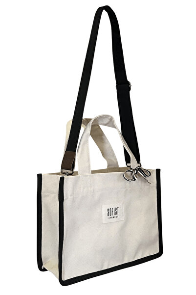 Sofist İstanbul Μαύρη & Εκρού Καμβά Τσάντα Ώμου Balat με Ρυθμιζόμενο Λουράκι,...