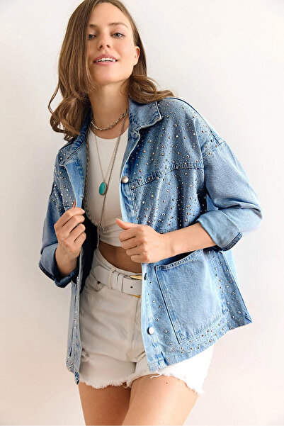 Olalook Γυναικείο μπουφάν μπλε πέτρα με λεπτομέρεια τσέπης βαμβακερό τζιν CKT...