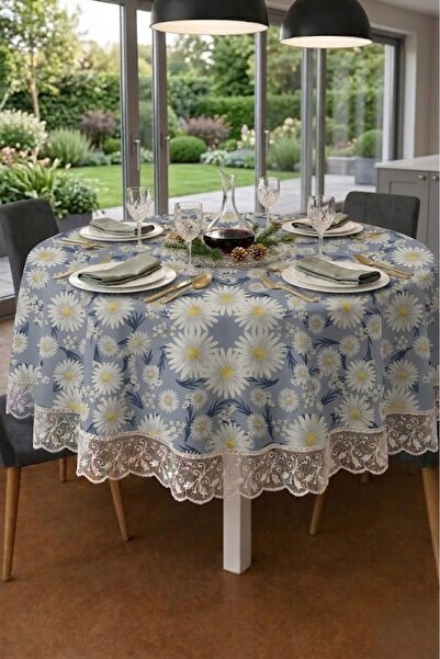 Rona Home Round Daisy Patterned Tablecloth |   Lace Edged |   Stain-Resistant...