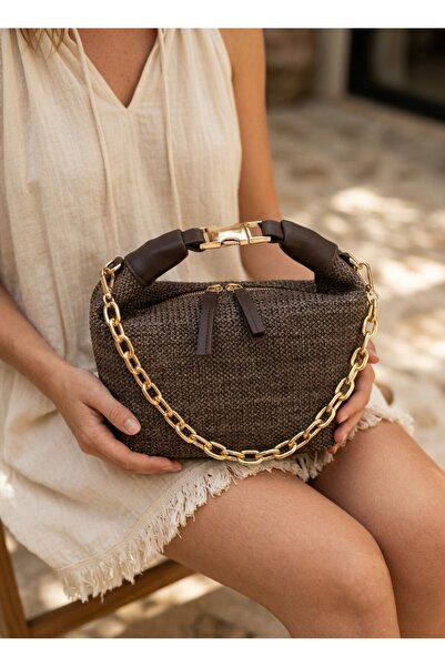 ABBRA Γυναικεία ψάθινη τσάντα με κλιπ και κούμπωμα