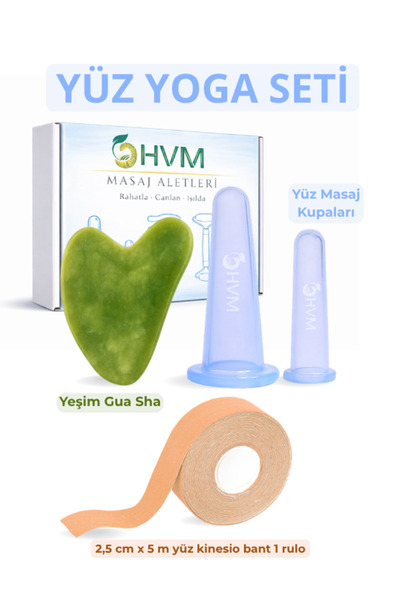 HVM Yüz Yoga Seti 4 Parça, Silikon Masaj Kupası, Kinesiology Face Tape ve Yeş...