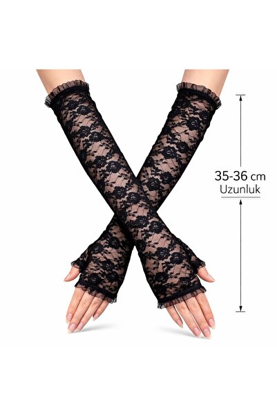 Kanonik Education Μακριά κομψά γάντια Δαντέλα χωρίς δάχτυλα μαύρα