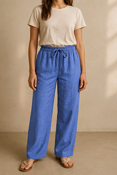 LEGS STAR Women's Blue Sofia Linen Double Pocket Wide Leg Trousers