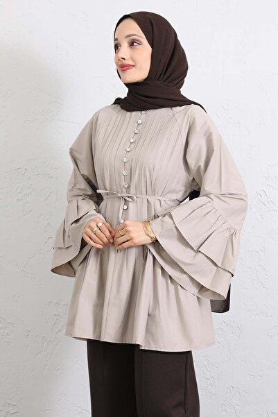 Salih Çelebi Μπλούζα με βολάν και ραβδώσεις Y0104 - ΠΕΤΡΙΝΟ ΧΡΩΜΑ