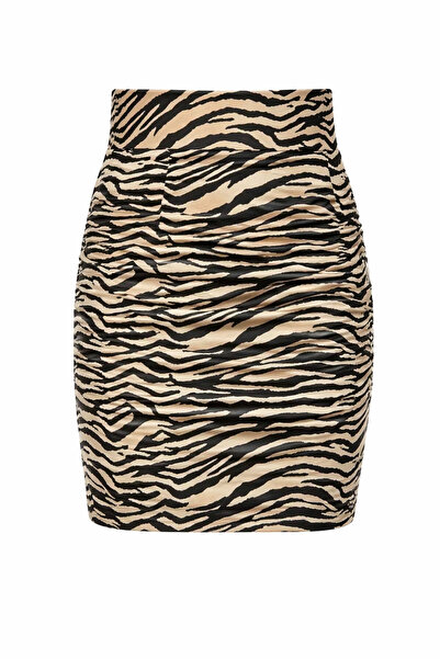 ZUSA store Zebra Desenli Deri Etek/ Bej