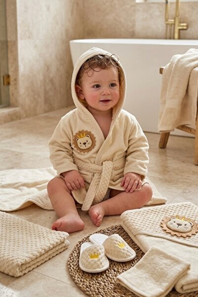 Cherub Baby Lion Embroidered Luxury Organic Newborn Baby Towel Bathrobe Set O...
