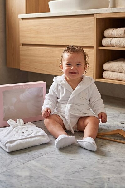 Cherub Baby Tavşan Nakışlı Şapkalı Organik Yenidoğan Kız Bebek Havlu Bornoz S...
