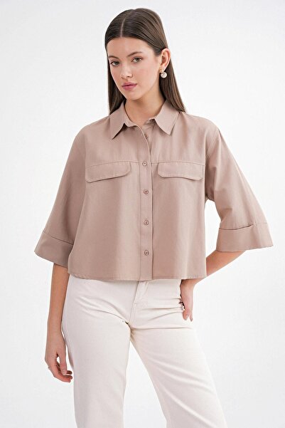 Hiccup Cămașă crop Mixray din poplin cu mâneci scurte