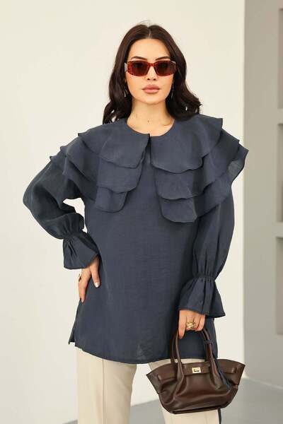 Salih Çelebi Τουνίκ με στρωμένο γιακά 0062 - ΣΚΟΥΡΟ ΜΠΛΕ