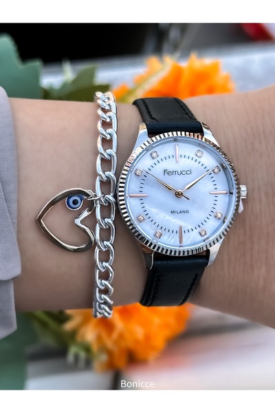 Ferrucci ساعة يد بسوار جلدي أسود اللون مقاومة للماء + سوار