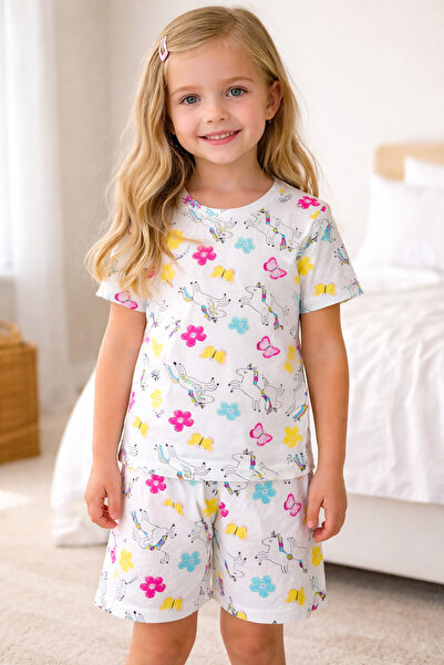 Fidekids Elmas Kids Kız Çocuk %100 Pamuklu Beyaz Unicorn Kelebek Desenli Kısa...