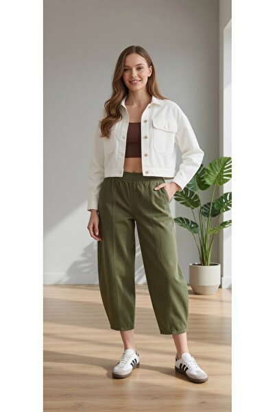 Moudry Clothing Kadın Haki Pantolon Gabardin Rahat Şalvar Pantolon