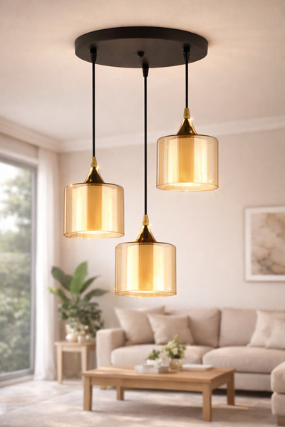 NisaLuce Nisa Luce Linea 3'lü Camlı Avize - Bal cam •• Sarkıt Avize Modern Sa...