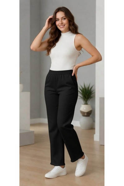 Moudry Clothing Kadın Siyah Pantolon Gabardin Rahat Püskül Paça Pantolon
