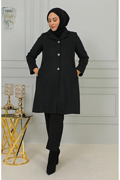 sefamerve Large Size Buttoned Cashmere Coat 1176-03 Smoked