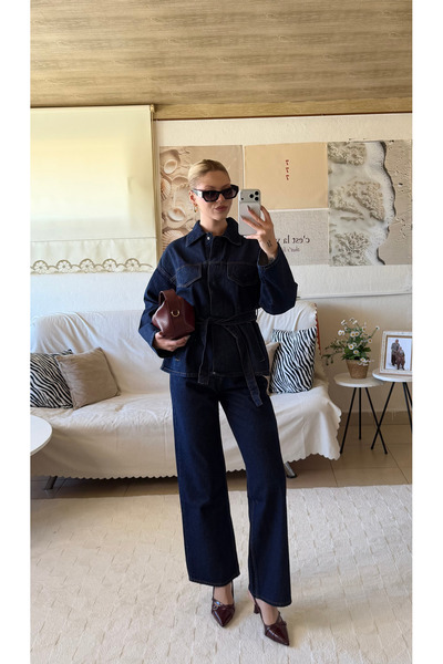 Nsade Σετ γυναικείο κομψό τζιν μπουφάν-παντελόνι με ζώνη ENSADE oversized Dar...