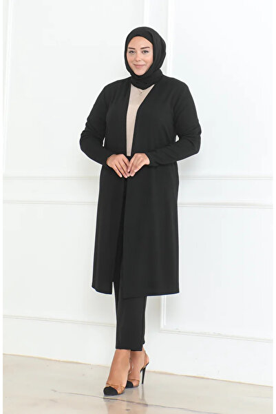 sefamerve Μεγάλο μέγεθος ντραπέ μακριά εποχική ζακέτα 8740A-01 Μαύρο