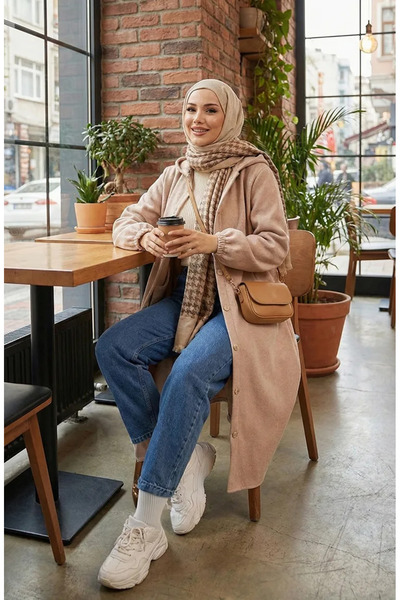 sefamerve Καπάκι με κουμπιά μπροστά με κουκούλα 0188-05 Μπεζ