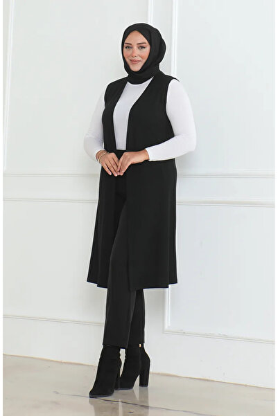 sefamerve Μακρύ εποχιακό γιλέκο μεγάλου μεγέθους 8739A-01 Μαύρο