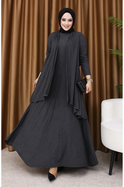 sefamerve Σετ Φόρεμα Μεγάλου Μεγέθους Ανθρακί Γιλέκο - 6370-04