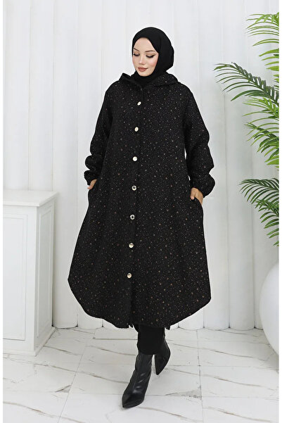 sefamerve Παλτό από κασμίρ με κουκούλα και σχέδιο στα ύψη 0187B-03 Μαύρο, καφέ