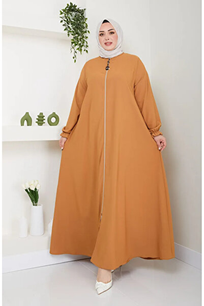 sefamerve Mustard Medine Ferace - Plus Size, μετάξι με φερμουάρ, 0715-02
