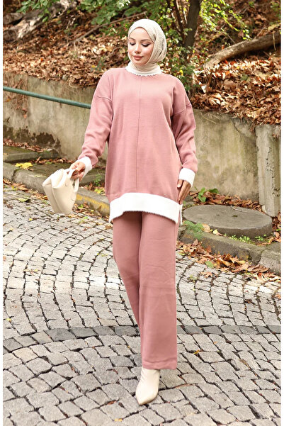 sefamerve Πλεκτά Παντελόνια Τουνίκ με Λεπτομέρεια Πέρλες Διπλό Σετ 1011-04 Du...