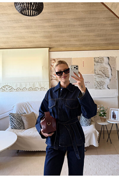 Nsade Σετ γυναικείο κομψό τζιν μπουφάν-παντελόνι με ζώνη ENSADE oversized Dar...