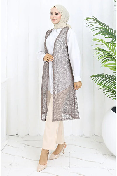 sefamerve Δαντελωτό γιλέκο στενής εφαρμογής 8760-04 Καφέ γάλακτος