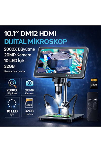 GreaTech 10.1'' DM12 HDMI Dijital Mikroskop 2000X Büyütme 20MP Kamera 10 LED ...