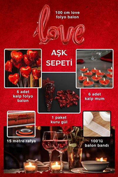 SkyPop 6'lı Aşk Sepeti, Kalpli ve Love Yazı Folyo Balon, Kalpli Mum, Gül Kuru...