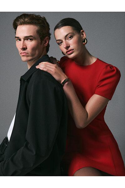 Koton Μίνι φόρεμα με κοντό μανίκι μπαλόνι και λαιμόκοψη ποδηλατικού τύπου