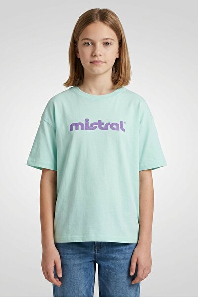 Mistral Kids Girl Crew Neck Short Sleeve Brand Logo T-Shirt, Mint Green